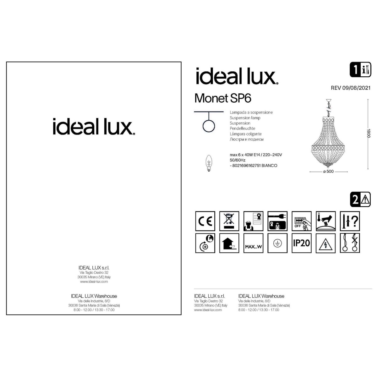 Люстра подвесная Ideal Lux Monet SP6 Белый E14 162751