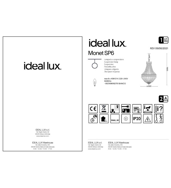 Люстра подвесная Ideal Lux Monet SP6 Белый E14 162751