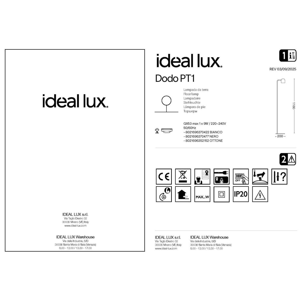 Торшер напольный Ideal Lux DODO PT1 Латунь GX53 352152