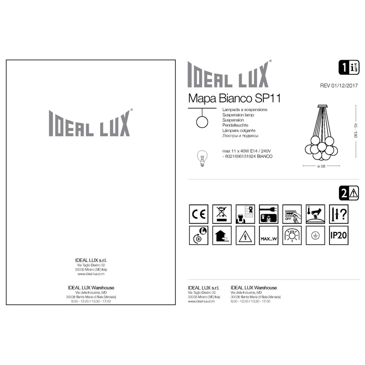 Люстра подвесная Ideal Lux Mapa Plus SP11 Белый E14 131924