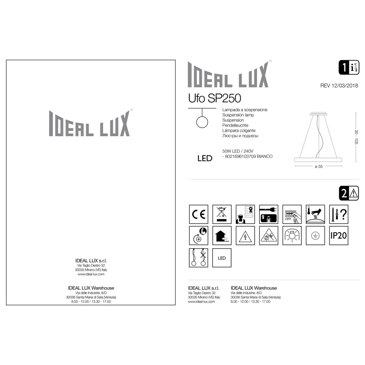 Люстра подвесная Ideal Lux Ufo SP Белый 3000К 103709