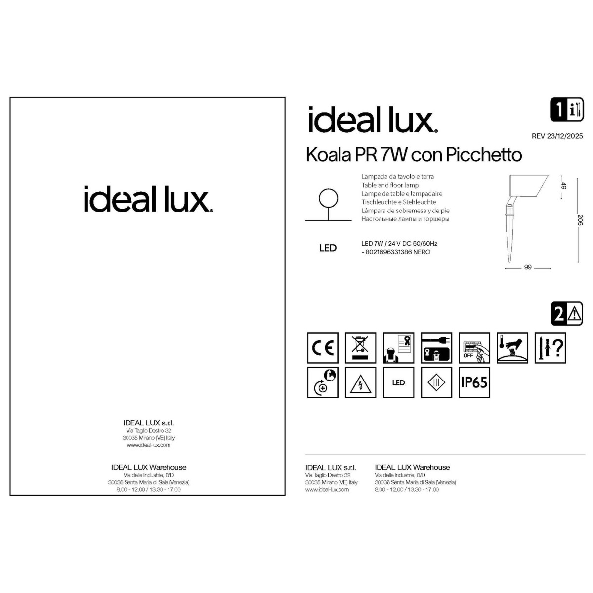 Прожектор садовый Ideal Lux Koala PR 7W Con Picchetto D24V Черный LED 3000К 331386