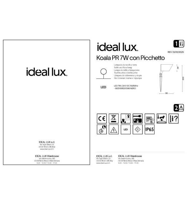 Прожектор садовый Ideal Lux Koala PR 7W Con Picchetto D24V Черный LED 3000К 331386