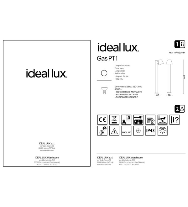 Светильник садово-парковый Ideal Lux Gas PT1 Антрацит GU10 139470