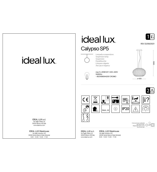 Люстра подвесная Ideal Lux Calypso SP5 Хром E27 044200
