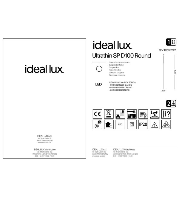 Светильник подвесной Ideal Lux Look LED SP1 Round D30 H1000 Белый 142906