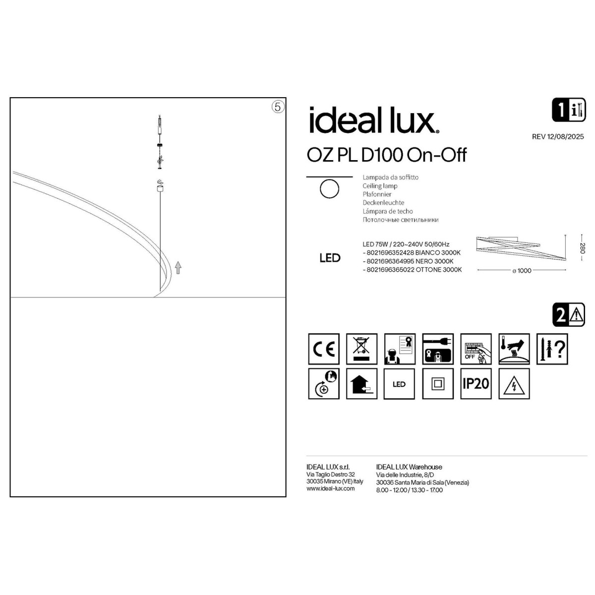 Светильник потолочный Ideal Lux Oz PL D100 LED 3000K Латунь 365022