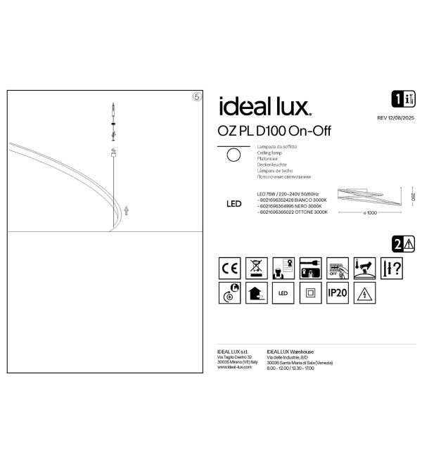 Светильник потолочный Ideal Lux Oz PL D100 LED 3000K Латунь 365022