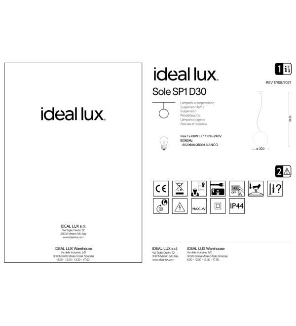 Светильник уличный Ideal Lux Sole SP1 D30 Опал E27 135991