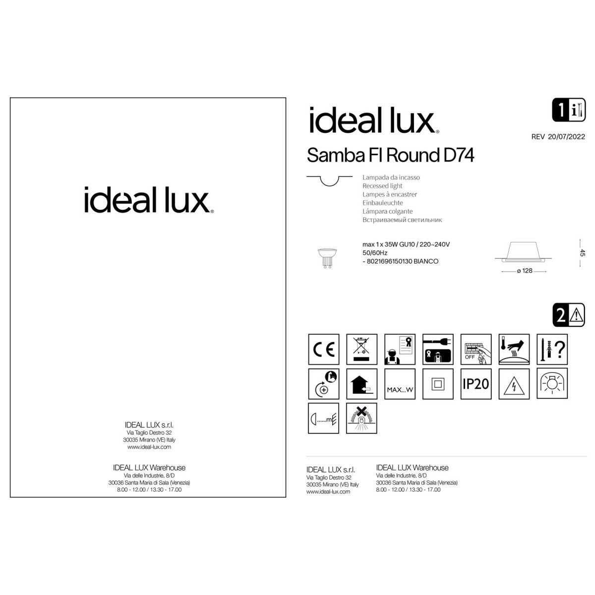 Светильник встраиваемый Ideal Lux Samba FI D75 Round Белый Гипс GU10 150130