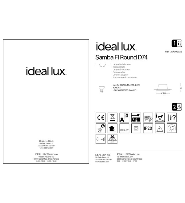 Светильник встраиваемый Ideal Lux Samba FI D75 Round Белый Гипс GU10 150130