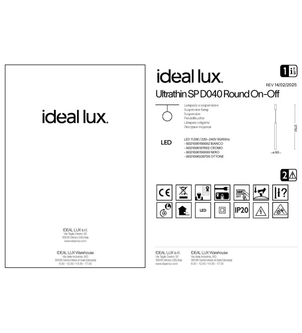 Светильник подвесной Ideal Lux Look LED SP1 Round D30 H400 Латунь 339726