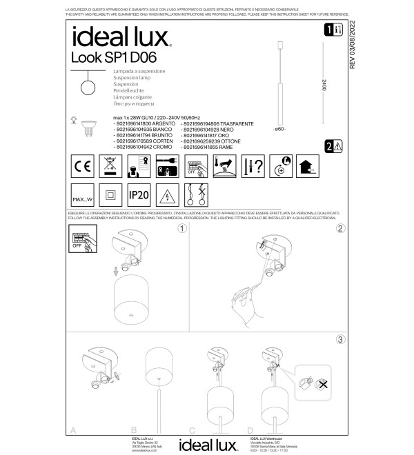 Светильник подвесной Ideal Lux Look SP1 Round D60 H400 Латунь GU10 259239