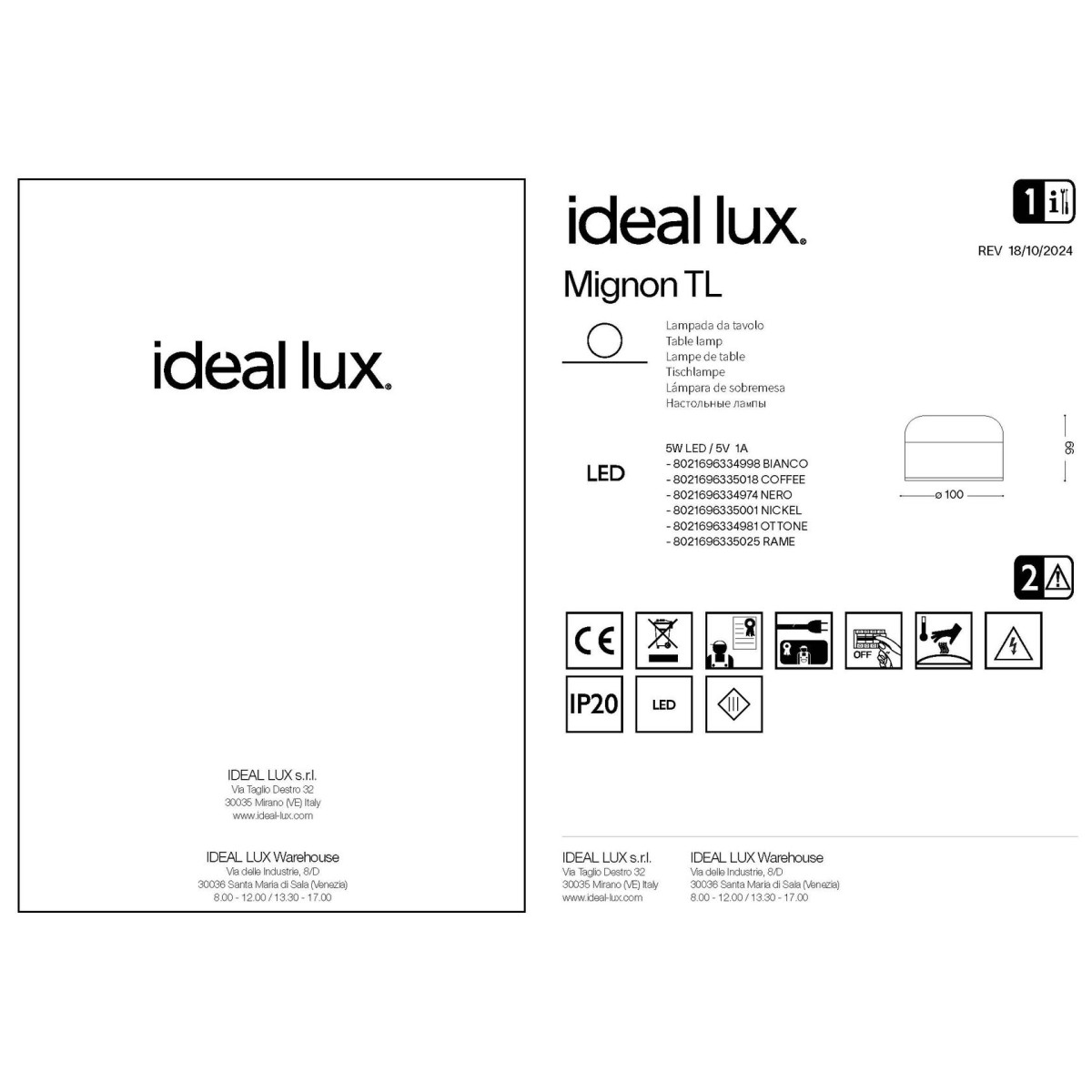 Лампа настольная Ideal Lux Mignon TL D10 5Вт LED 334998