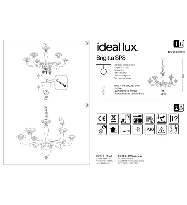 Люстра подвесная Ideal Lux Brigitta SP8 Прозрачный E14 199382