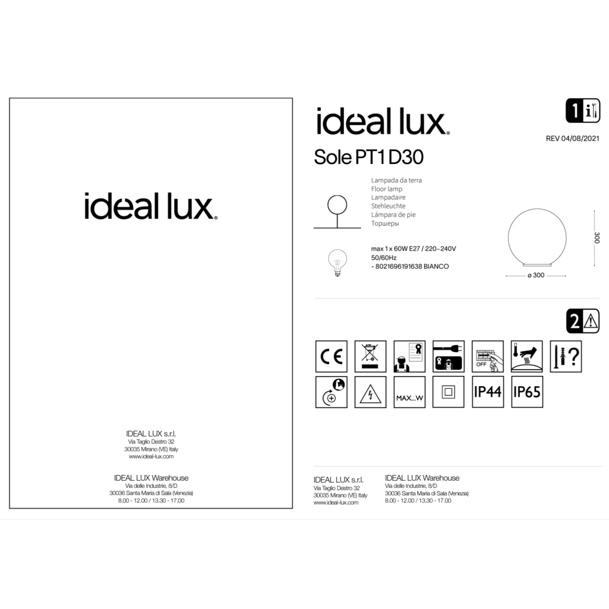 Светильник садово-парковый Ideal Lux Sole PT1 D30 Опал E27 191638