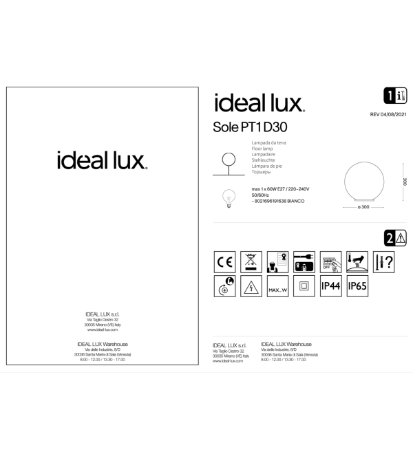 Светильник садово-парковый Ideal Lux Sole PT1 D30 Опал E27 191638