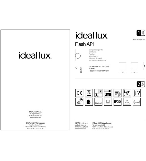 Светильник настенный Ideal Lux Flash АР1 Белый G9 095264