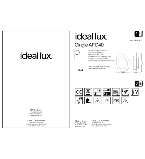 Светильник настенный Ideal Lux Gingle AP D40 Белый 3000К LED 196220