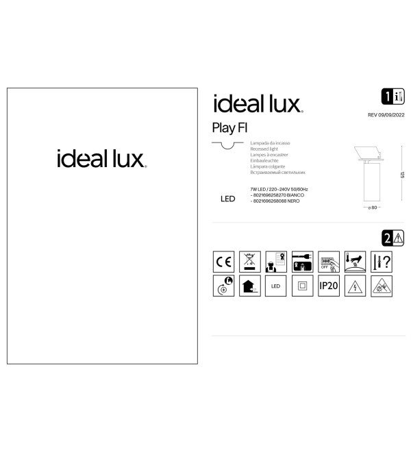 Светильник встраиваемый Ideal Lux Play FI LED Белый 3000К 258270