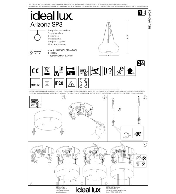 Люстра подвесная Ideal Lux Arizona SP3 GX53 Белый 214474