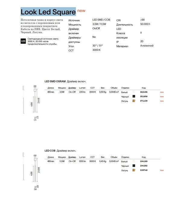 Светильник подвесной Ideal Lux Look LED SP01 Square D3.0 H040 On-Off 3000K Белый LED 194189
