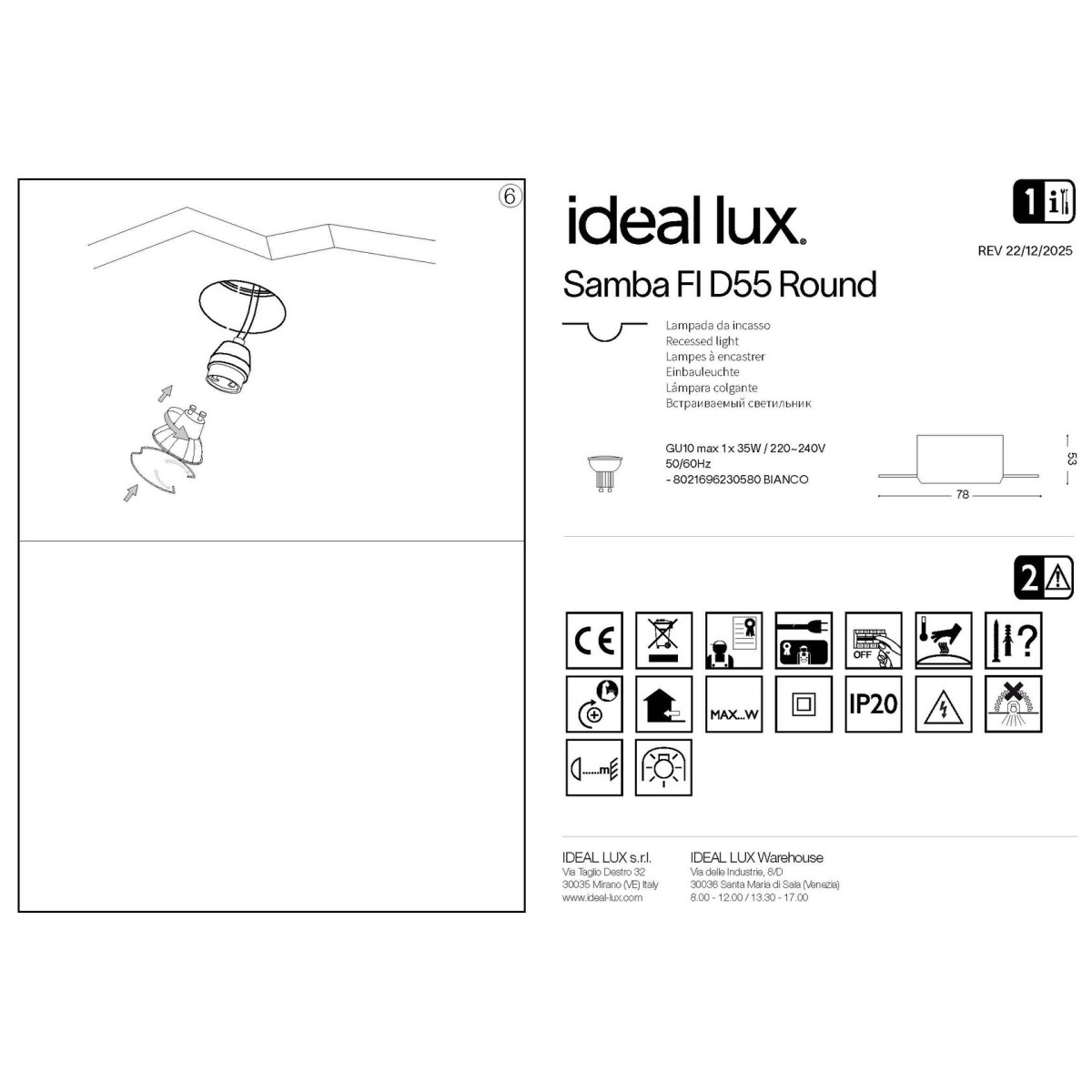 Светильник встраиваемый Ideal Lux Samba FI D55 Round Белый гипс GU10 230580
