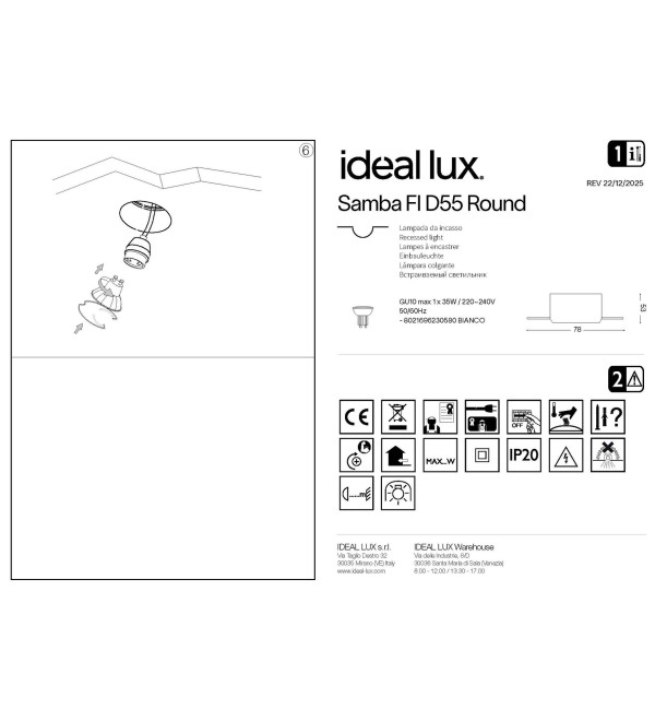 Светильник встраиваемый Ideal Lux Samba FI D55 Round Белый гипс GU10 230580