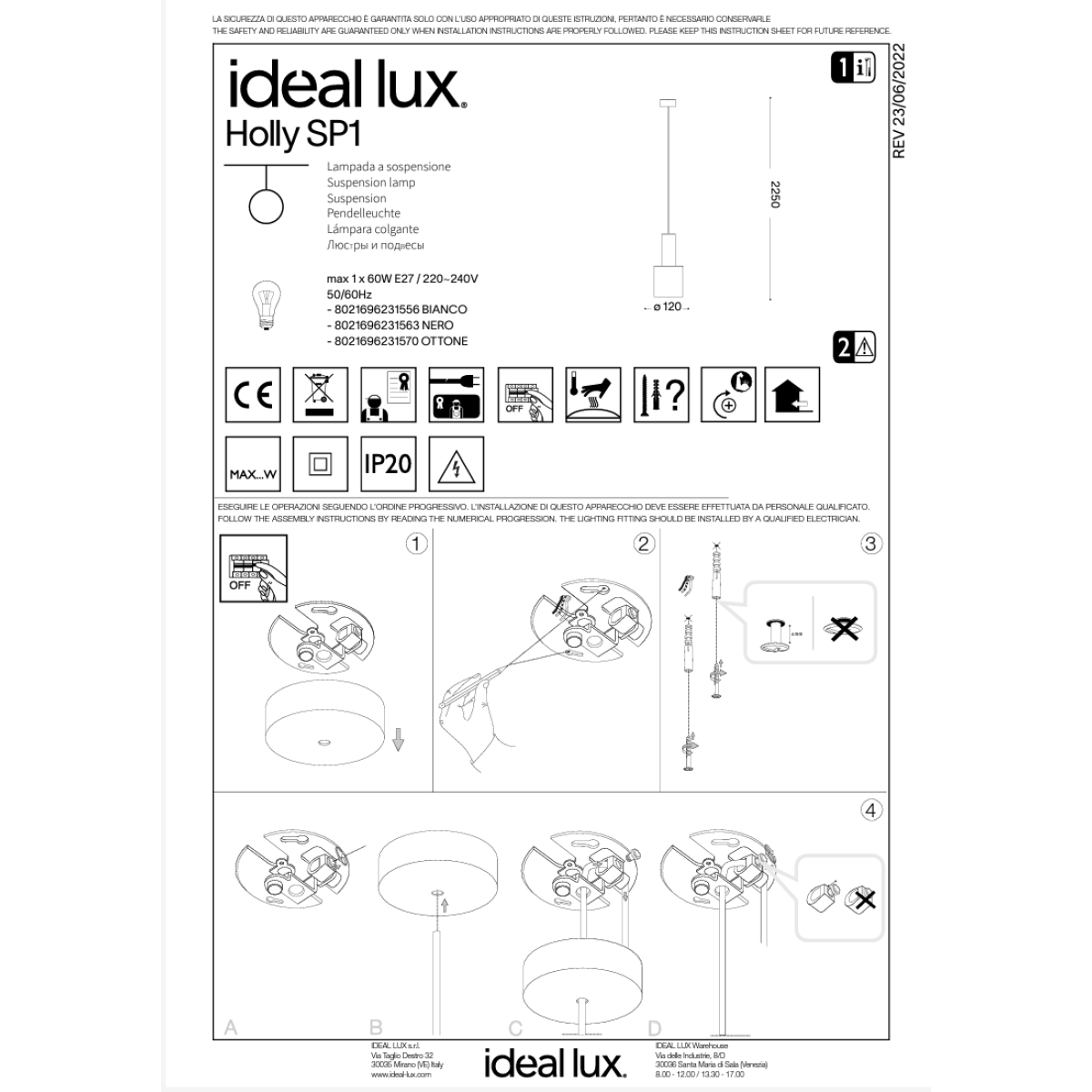 Светильник подвесной Ideal Lux Holly SP1 Черный E27 231563