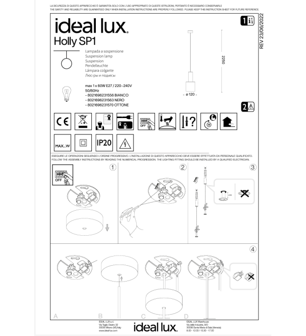 Светильник подвесной Ideal Lux Holly SP1 Черный E27 231563