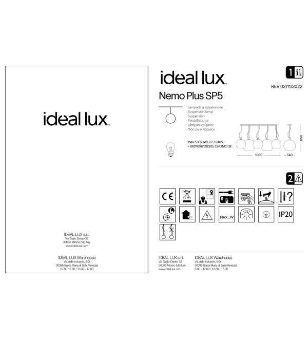 Люстра подвесная Ideal Lux Nemo Plus SP5 Хром размытый E27 138305