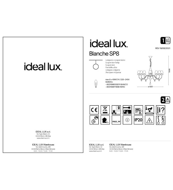 Люстра подвесная Ideal Lux Blanche SP8 Черный E14 111896