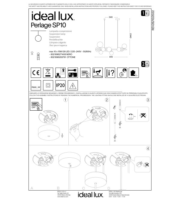 Люстра подвесная Ideal Lux Perlage SP10 Черный G9 271408