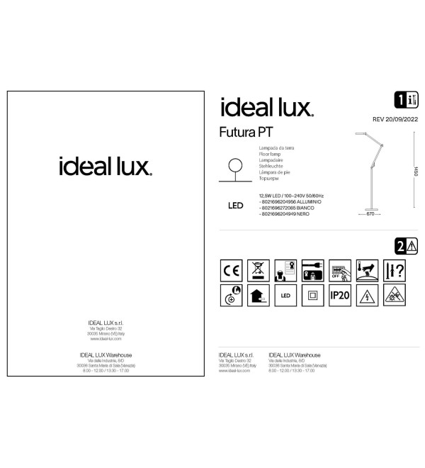 Торшер напольный Ideal Lux Futura PT1 Черный 4000К 204949