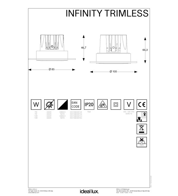 Светильник встраиваемый Ideal Lux Infinity FI Trimless 07W 3000K LED Черный 356129