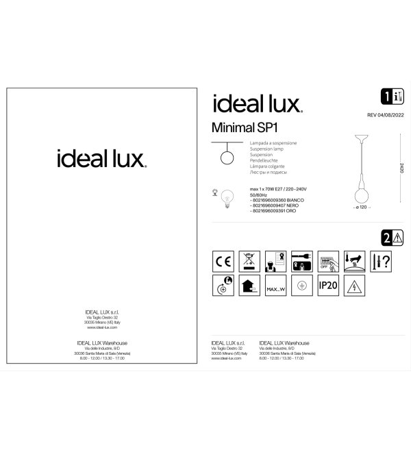 Светильник подвесной Ideal Lux Minimal SP1 Черный E27 009407