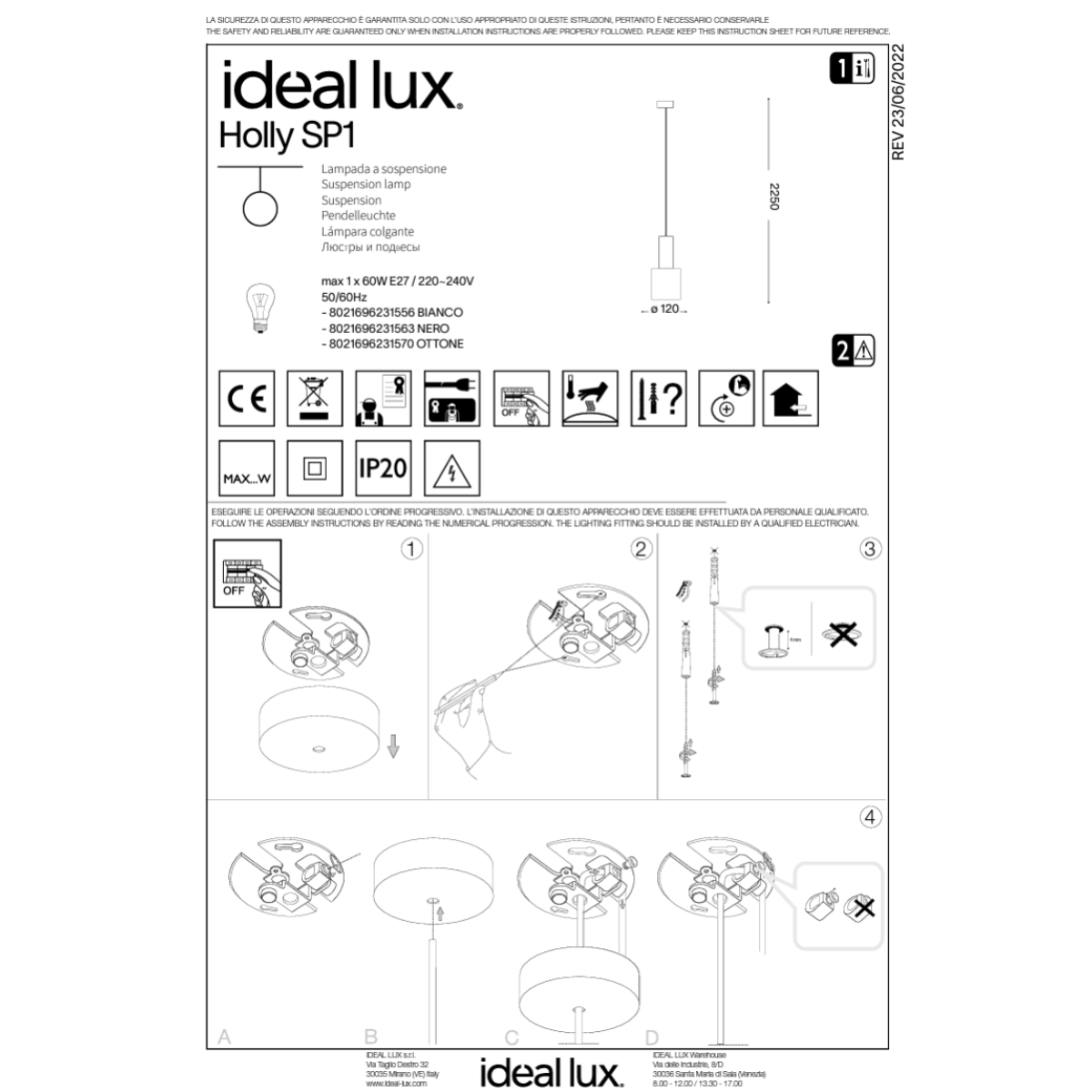 Светильник подвесной Ideal Lux Holly SP1 Латунь E27 231570