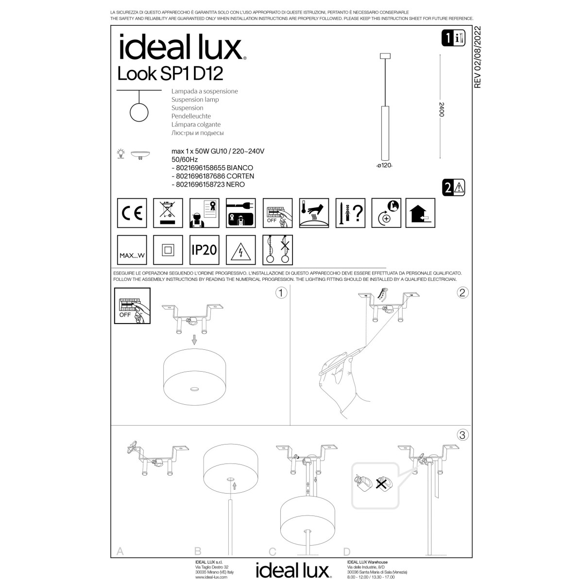 Светильник подвесной Ideal Lux Look SP1 D12 Черный GU10 158723