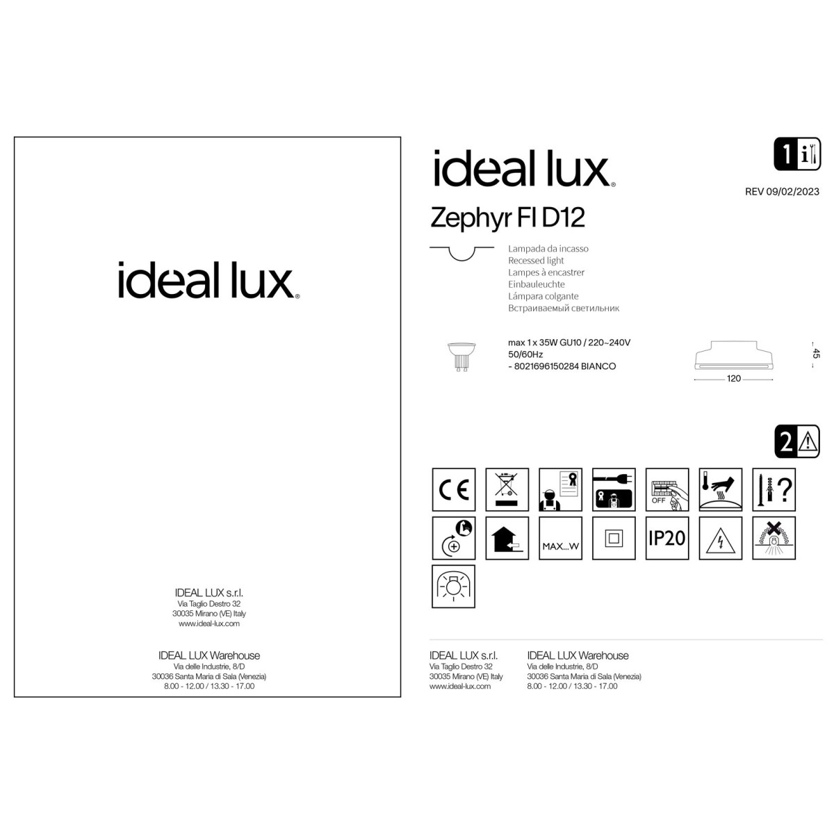 Светильник встраиваемый Ideal Lux Zephyr FI D12 Белый Гипс GU10 150284