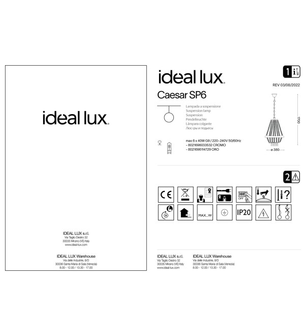 Люстра подвесная Ideal Lux Caesar SP6 Золото G9 114729