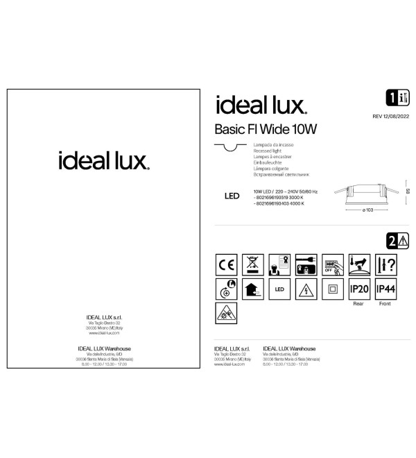 Светильник встраиваемый Ideal Lux Basic FI Wide 10W 3000K Белый LED 193519