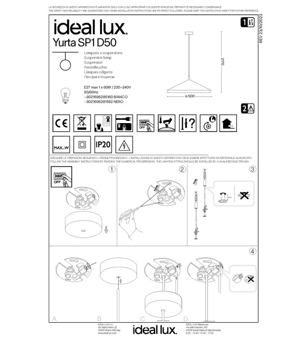 Светильник подвесной Ideal Lux Yurta SP1 D50 Белый E27 285160