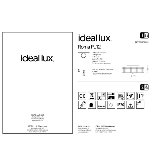 Люстра потолочная Ideal Lux Roma PL12 Хром G9 087870
