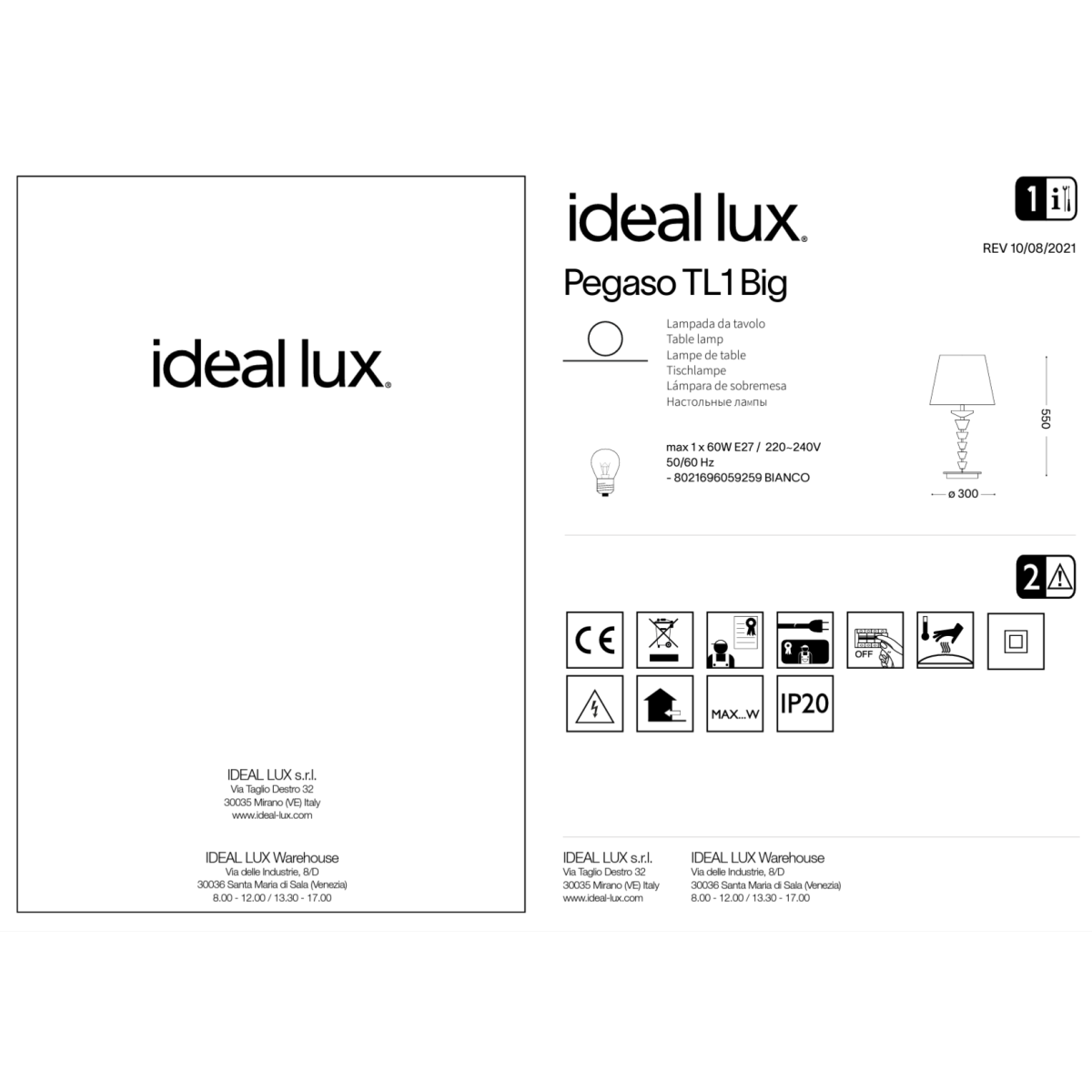 Лампа настольная Ideal Lux Pegaso TL1 Big Белый E27 059259