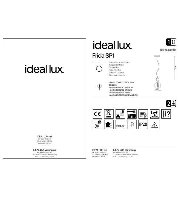 Светильник подвесной Ideal Lux Frida SP1 Латунь античная E27 122083