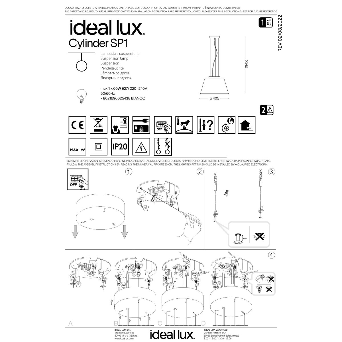 Люстра подвесная Ideal Lux Cylinder SP1 Белый E27 025438