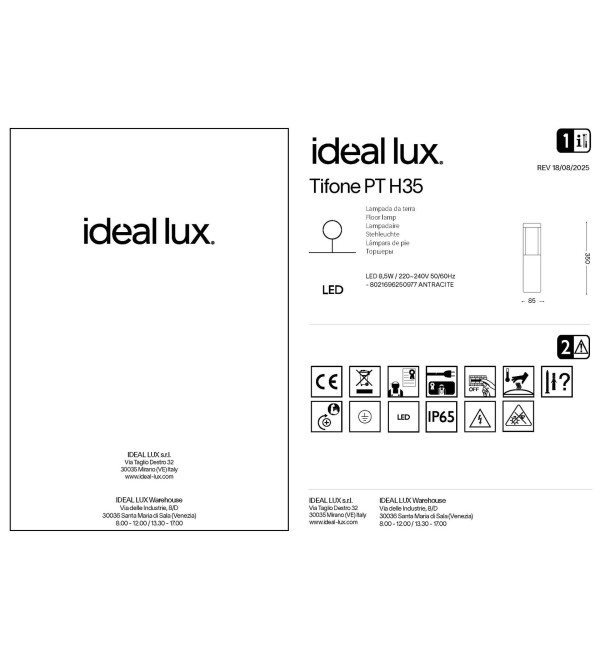 Светильник садово-парковый Ideal Lux Tifone PT H35 Антрацит 3000К LED 250977