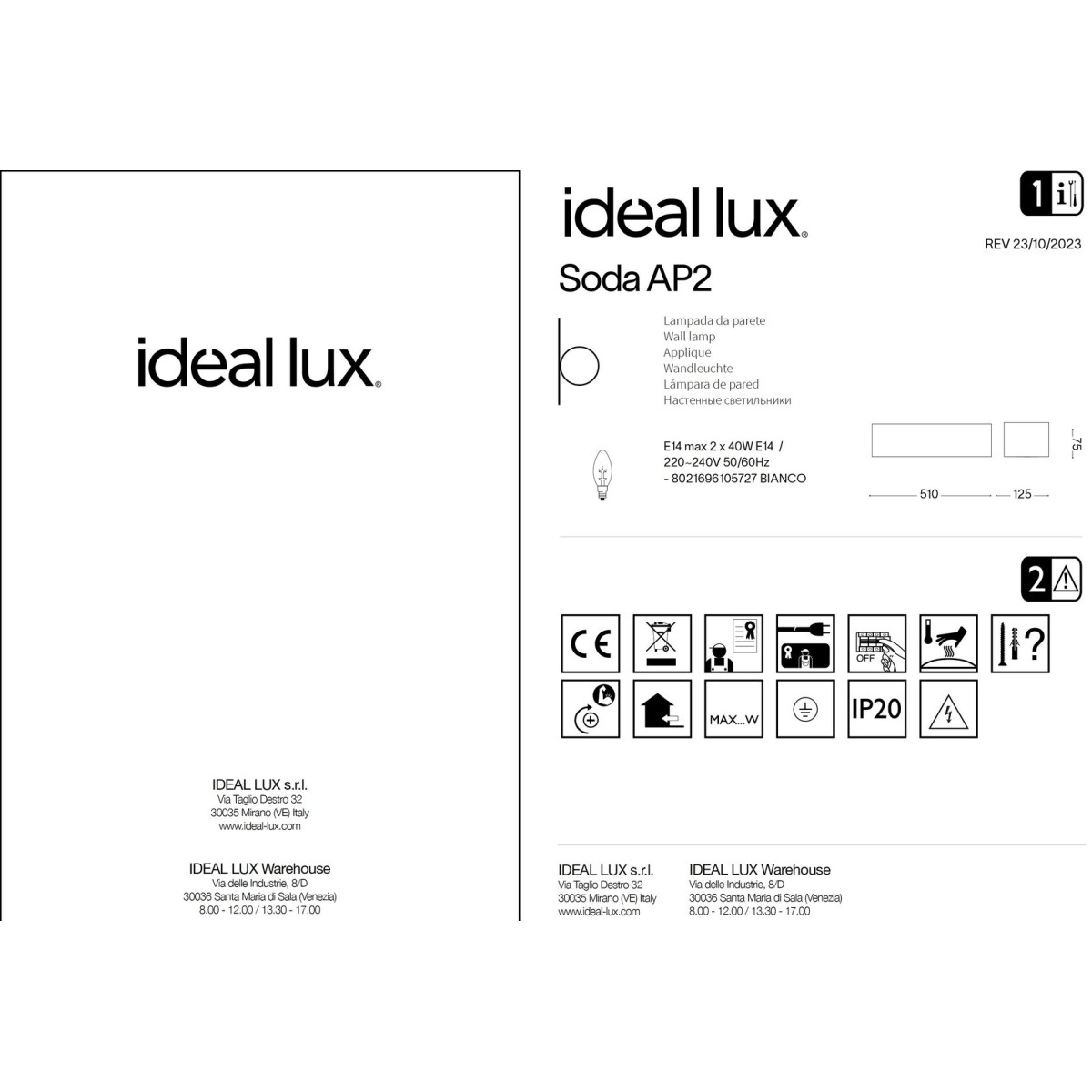 Светильник настенный Ideal Lux Soda AP2 Белый Гипс E14 105727