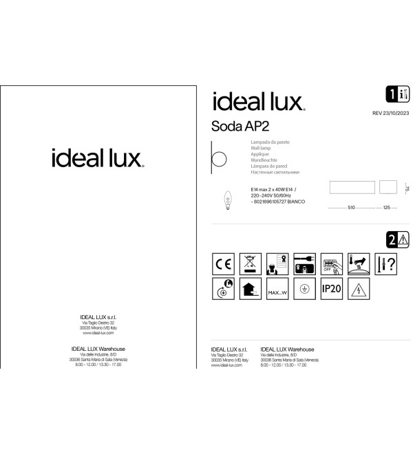 Светильник настенный Ideal Lux Soda AP2 Белый Гипс E14 105727