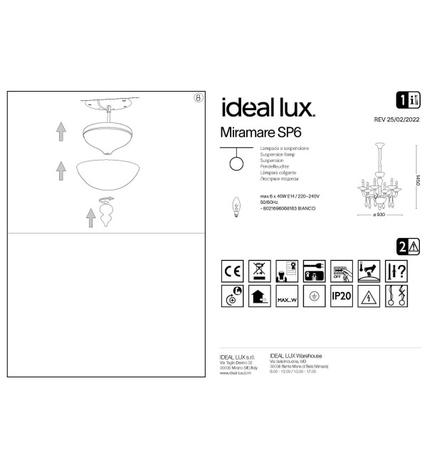 Люстра подвесная Ideal Lux Miramare SP6 Белый E14 068183